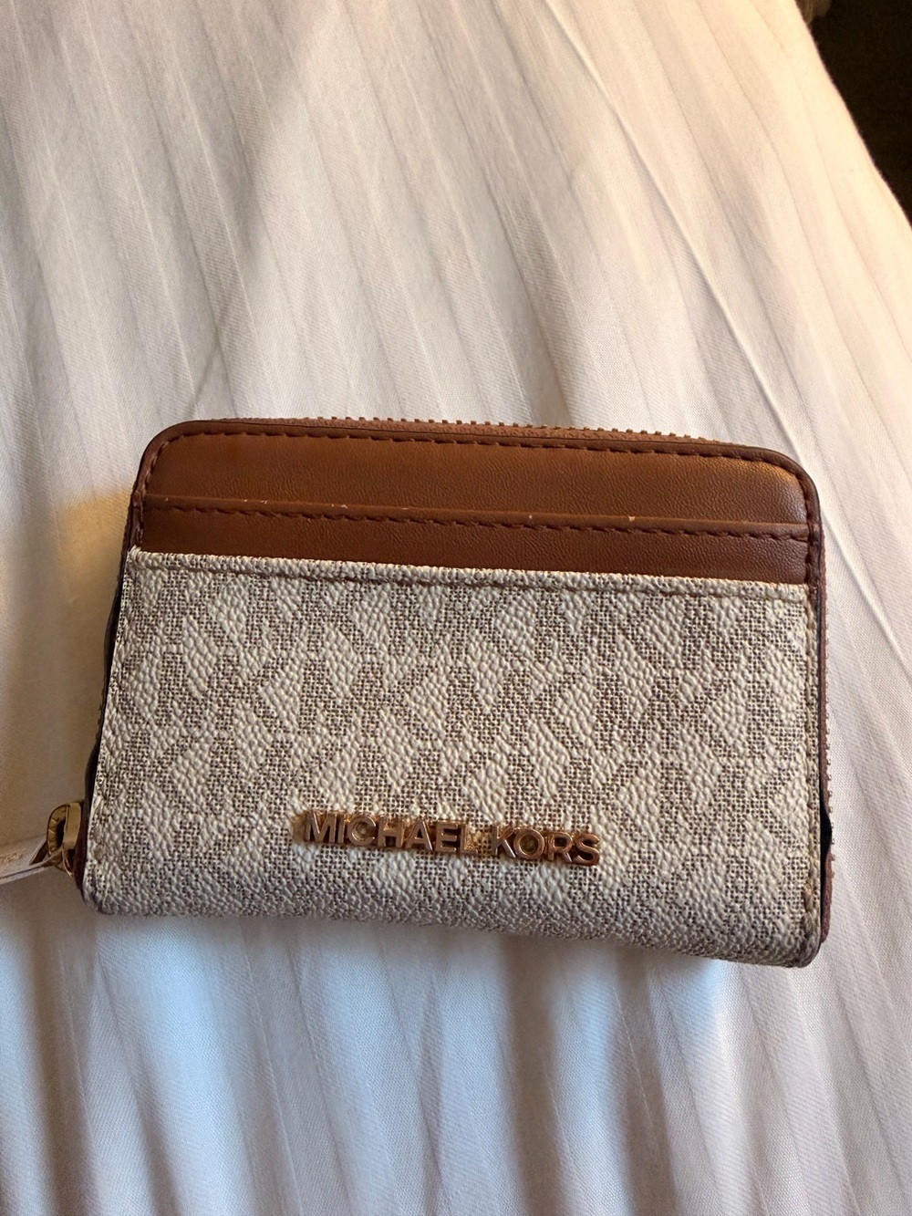 Michael Kors Cream & Brown Signature Mini Wallet with Gold Logo